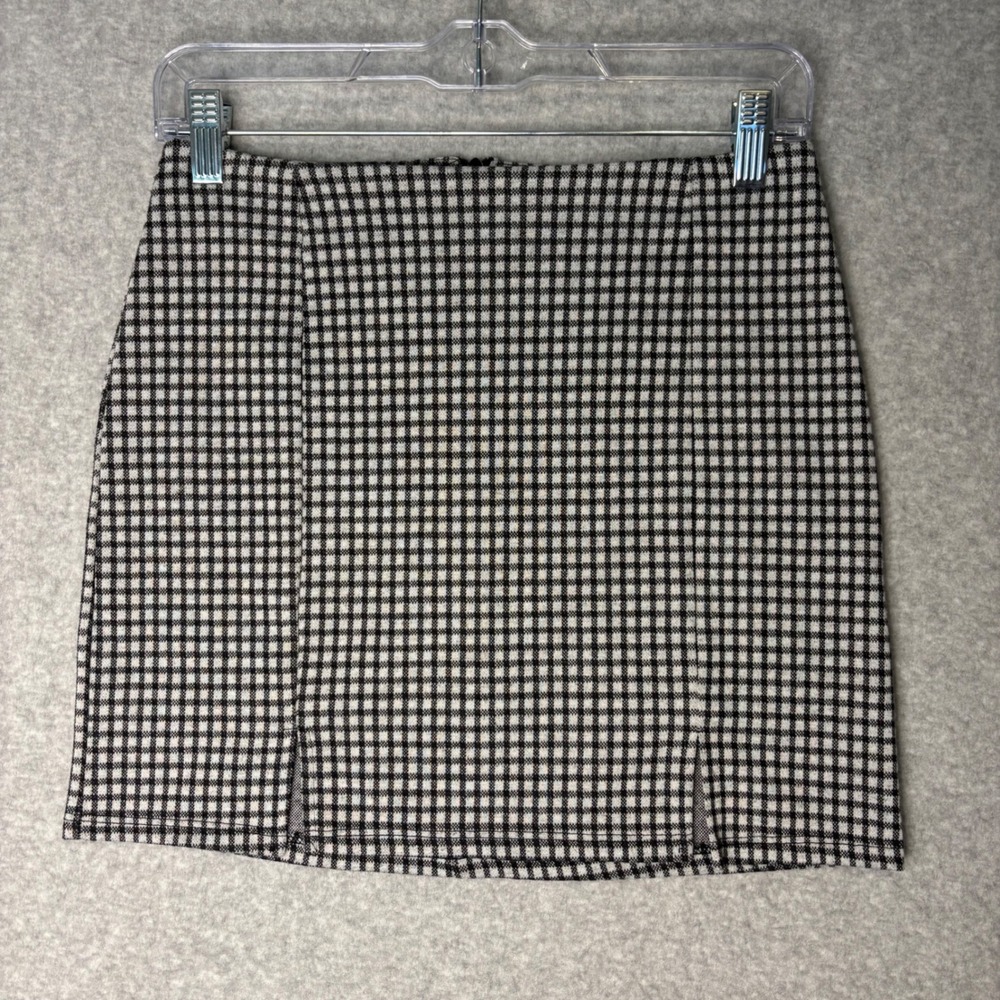 Full Tilt Women's Small Mini Skirt Black White Gingham Check Stretch Double Slit - Picture 2 of 9